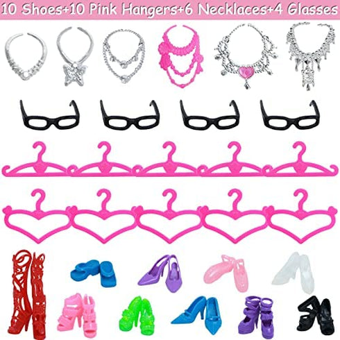 43Pcs Doll Clothes and Accessories Pack Including 10 Mini Dresses 3 Handmade Fashion Clothing Outfits Sets 10 Shoes 20 Cute Doll Accessories for 11.5 inch Girl Doll