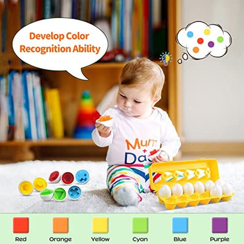 CPSYUB Toddler Toys, 18 Month Toys, Easter Eggs Learning Toys for 1, 2, 3 Year Old Girls / Boys, Montessori Matching Eggs Educational Color & Shape Recognition Skills Gifts Toys BPA Free (12 Eggs)