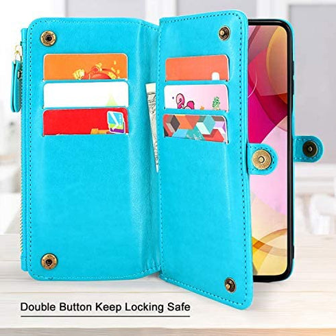 Lacass [Cards Theft Scan Protection 10 Card Slots Holder Zipper Pocket Wallet Case Flip Leather Cover with Wrist Strap Magnetic Closure Stand Carrying Pouch for Moto G Stylus 2021 4G Floral Blue