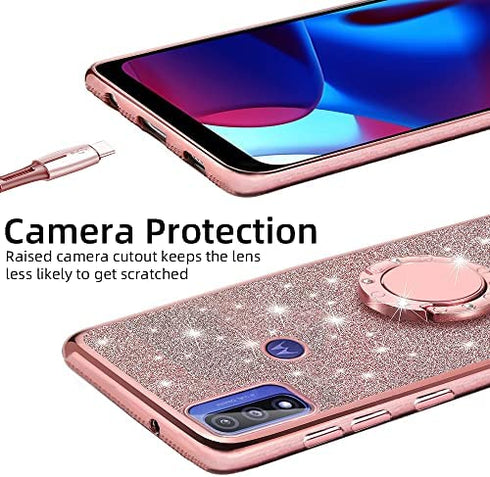 B-wishy for Motorola Moto G Pure Case.Moto G Power Case 2022 for Women, Glitter Crystal Butterfly Heart Floral Slim TPU Luxury Bling Cute Cover with Kickstand+Strap for Motorola Moto G Pure (Pink)