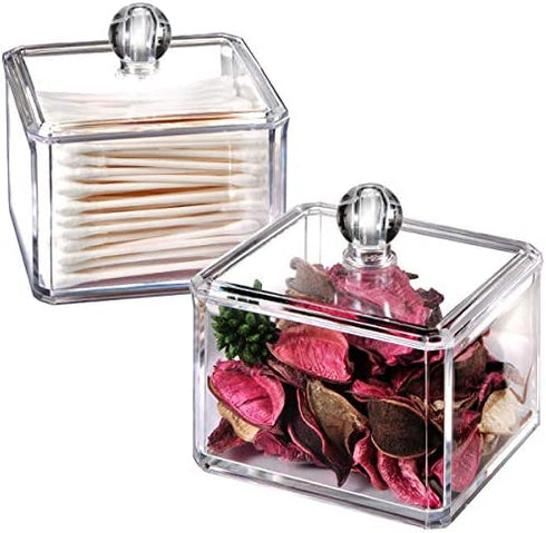Modern Square Qtip Holder Acrylic Bathroom Vanity Countertop Storage Organizer Canister Jar for Cotton Swabs, Rounds, Balls, Makeup Sponges, Bath Salts - 2 Pack - Clear