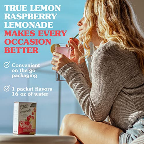 TRUE LEMON Raspberry Lemonade Drink Mix (30 Packets) Made from Real Lemon No Preservatives, No Artificial Sweeteners, Gluten Free Water Flavor Packets & Water Enhancer with Stevia, 3.17 Oz(Pack of 30)