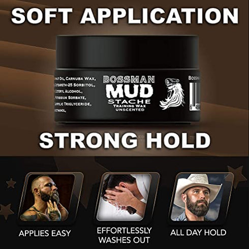 Bossman MUDstache Unscented Mustache Wax – No Pull - Spreads Easy for a Strong Non-Tacky 24 hr Hold - Tame, Train and Stye - Moustache Wax for Men (1oz)