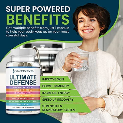 Gannon Med Ultimate Defense Immunity Vitamins for Adults and Kids — Immune Defense Capsules with Elderberry, Vitamin C, Echinacea, Garlic, Panax Ginseng and Zinc — 120 Caps