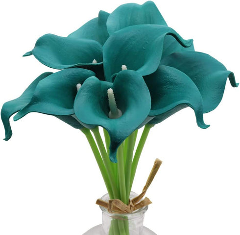 Mini 15" Artificial Calla Lily 10 Stem Bridal Bouquets Artificial Latex Real Touch Flowers for Home Party Decor (Teal Blue)