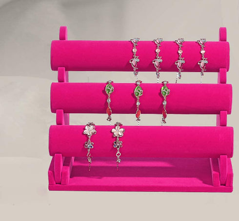 Glitterymall Jewelry Bracelet Watch Display Stand Bar Necklace Watch Display Rack Stand Holder Organizer Tower (Hot pink velvet 3 Tier)