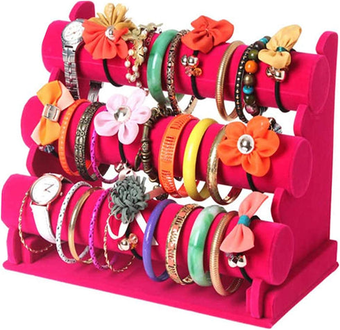 Glitterymall Jewelry Bracelet Watch Display Stand Bar Necklace Watch Display Rack Stand Holder Organizer Tower (Hot pink velvet 3 Tier)