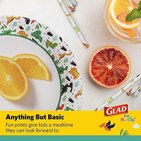 Glad for Kids 7-Inch Paper Plates | Small Round Paper Plates With Cute Dinosaur Design for Kids | Heavy Duty Disposable Soak Proof Microwavable Paper Plates for All Occasions, 20 Count