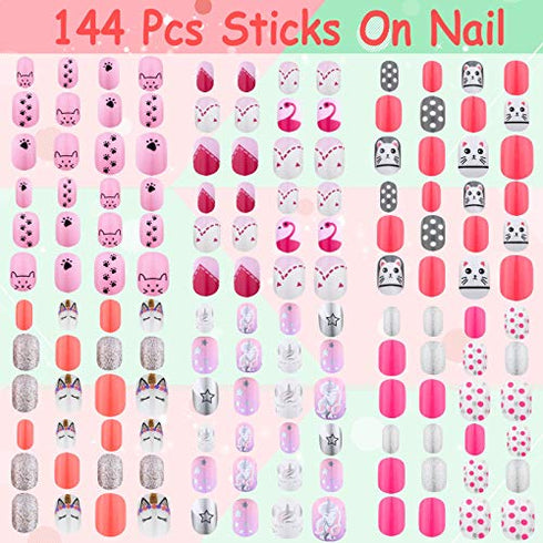 144 Pcs Fake Press on Nails for Kids, Thrilez Kids False Nails Children Artificial Fake Nail Tips Pre Glue Full Cover Short Nails for Girls Kids Teens Nail Art Decoration (Pink Series)