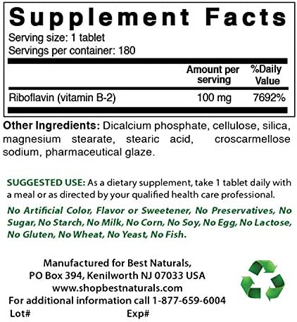 Best Naturals Vitamin B2 (Riboflavin) 100 mg 180 Tablets - Premium Formula - 3rd Party Lab Tested