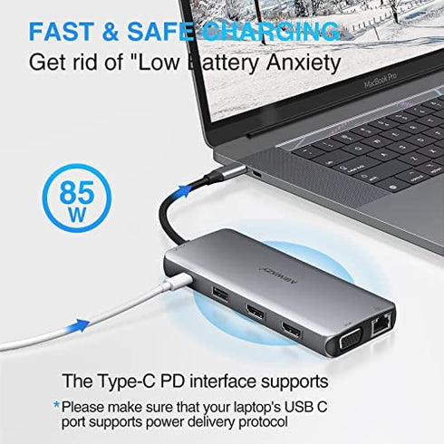 USB C Docking Station Dual Monitor, 11 in 1 Laptop Docking Station USB C Hub Dual HDMI Adapter Dongle with Gigabit Ethernet 2 HDMI VGA 5 USB PD Audio for HP/Dell/Lenovo/Surface/Chromebook/Thinkpad