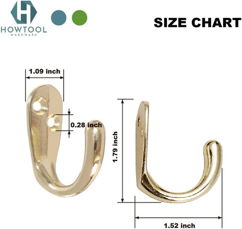 Single Prong Hook 12 Pack Brass with Screws for Towel Scarf Robe | HOWTOOL