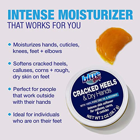 Blue Goo Cracked Heels & Dry Hands Intense Skin Softener - for Calluses, Corns & Elbow Dryness Relief, Fast- Penetrating Hydrating Moisturizer, Made w/ 100% Pure Emu Oil & Beeswax, 2 oz (1 Pack)