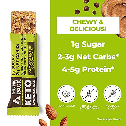 Munk Pack Keto Granola Bar | Almond Butter Cocoa Chip | 4 Bars | Low Carb Keto Snack for Kids & Adults | Chewy Bar, No Added Sugar Treat | Keto Breakfast Food | Low Sugar, Low Carb, Plant Based