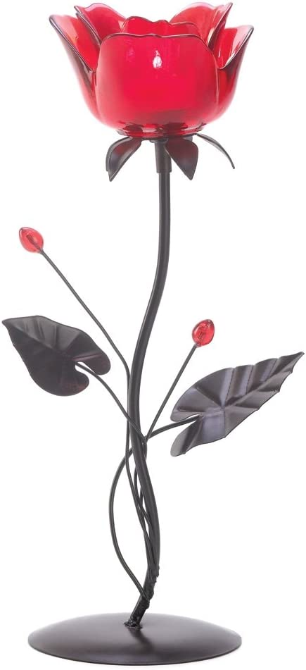Gifts & Decor Home Locomotion 10013920 Romantic Rose Votive Holder, 5" x 4.12" x 12.5", Red and Black