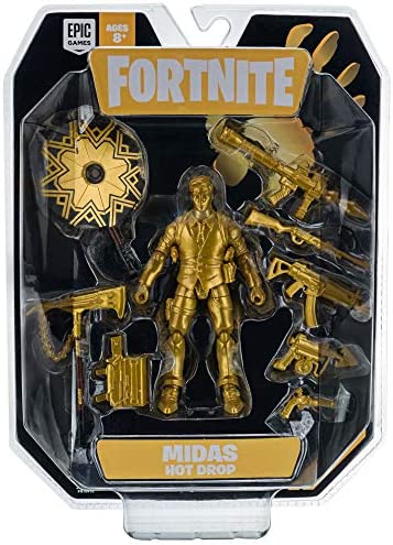 Fortnite Hot Drop1 Figure Pack, with 4-inch Midas-Gold Figure, Harvesting Tool, Umbrella, Back Bling, and Weapons