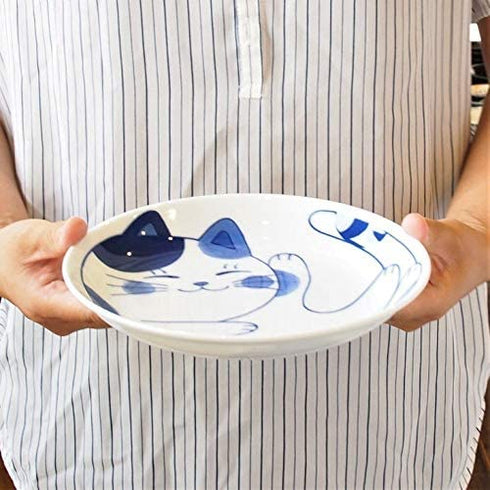 Mino Ware Japanese Pasta Bowl, Rice Soup Sarada Curry Rice, NEKOCHIGURA Cat Design, 7.9 inch, Tora