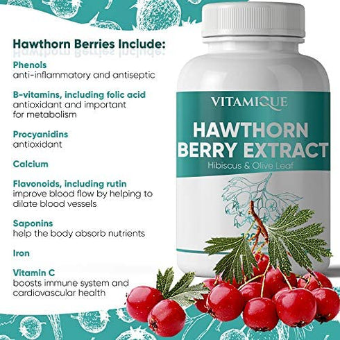 Hawthorn Berry Extract Hibiscus Olive Leaf Blend 450mg per serving, Heart Health High Blood Pressure Support Supplement Powerful Antioxidant,120 Veg Caps 4 Month Supply, Hawthorne Berry Capsules Vegan