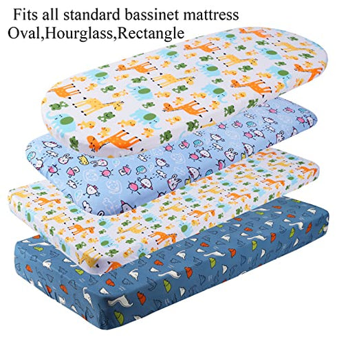 Bassinet Sheet Set 3 Pack Jersey Knit Ultra Soft Stretchy for Baby Boy Girl Compatible with Halo, MiClassic, Chicco Lullago Mattress Dinosaur Elephant Giraffe Rabbit Blue Yellow Green by Knlpruhk
