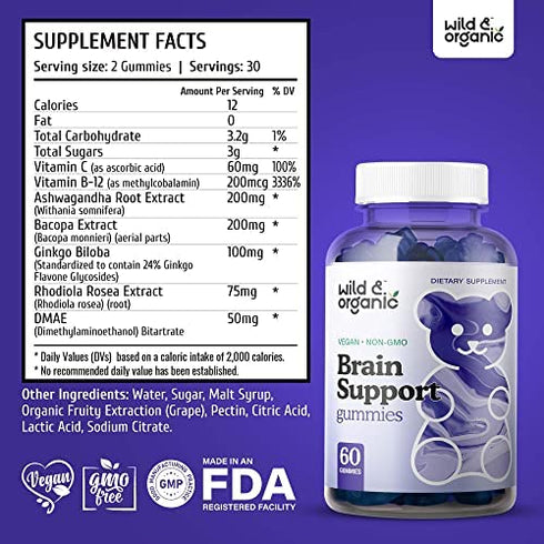 Wild & Organic Brain Booster Gummies - Natural Nootropic Dietary Supplement to Support Cognitive Function, Sharpen Memory - Ashwagandha, Bacopa, Ginkgo Biloba, Rhodiola Rosea, DMAE - 60 Chewables