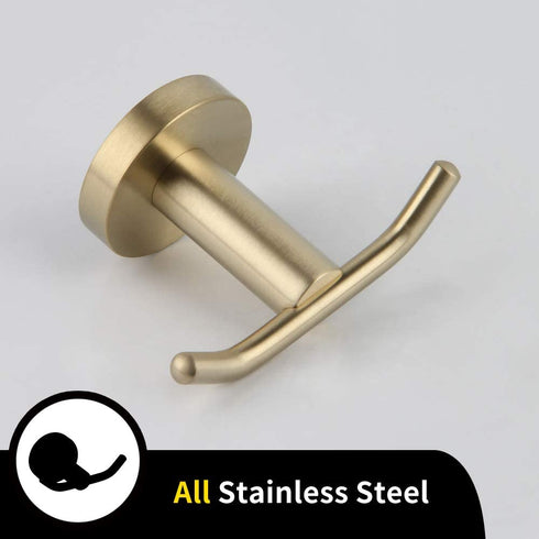 GERZ SUS 304 Stainless Steel Bath Double Coat Hook Towel/Robe Clothes Hook for Bathroom Kitchen Modern Hotel Style Wall Mounted Brushed PVD Zirconium Gold 2 Pack