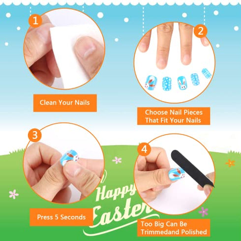 96Pcs Easter Fake Press on Nails for Kids Pre-glue Short Full Cover False Nail Tips Stick on Nails for Children Lovely Gift Girls Nail Art Decoration (Easter Theme)