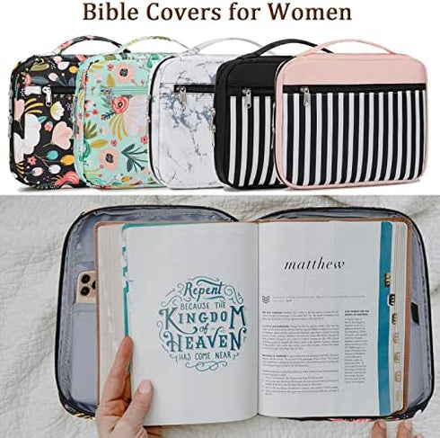 Bible Covers Bible Case for Women Girls Bible Book Carrying Bag Kids Scripture Case Church Bag Bible Protective with Handle Pockets Zippered Pocket (Green-Floral)