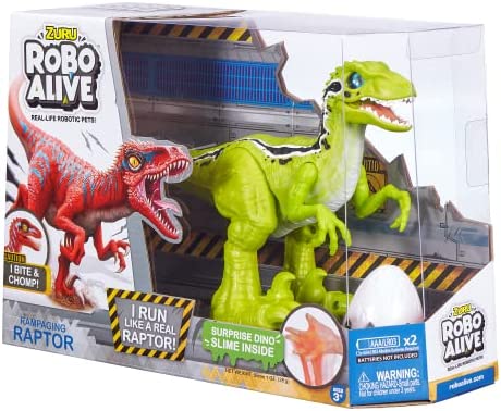 Robo Alive Rampaging Raptor (Green) by ZURU Dinosaur Toy with Realistic Dinosaur Movement That Bites and Chomps with Slime in Dino Egg, Robotic Pets for Boys and Kids (Green)