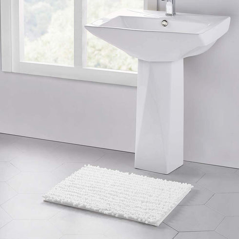 Walensee Bathroom Rug Non Slip Bath Mat (24x17 Inch White) Water Absorbent Super Soft Shaggy Chenille Machine Washable Dry Extra Thick Perfect Absorbant Best Small Plush Carpet for Shower Floor