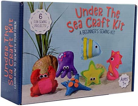 Jueybean Kid Craft Felt Kit - 6 Cute Sea Animals Beginners Sewing Kits - Little Kids Ages 7 to 12 - Easy Childrens First Sew Kit - Great for Travel - Fun Beginning DIY Crafting for Girls and Boys