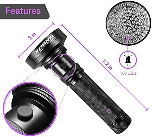 Kobra Black Light Flashlite - 100 LED UV Flashlight Black Light for Pet Urine Detection - Lamp & Black Light Flashlight for Inspection - UV Light Flashlight Intensity 18W 385-395nm LEDs Scorpions