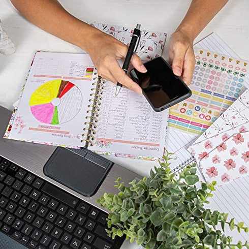 Budget Planner Organizer (Non-Dated) - Monthly Income and Expense Tracker with Back Pocket for Receipts and Bills Bundled with Cash Envelops and Stickers - A5 Size Pink Floral Hardcover