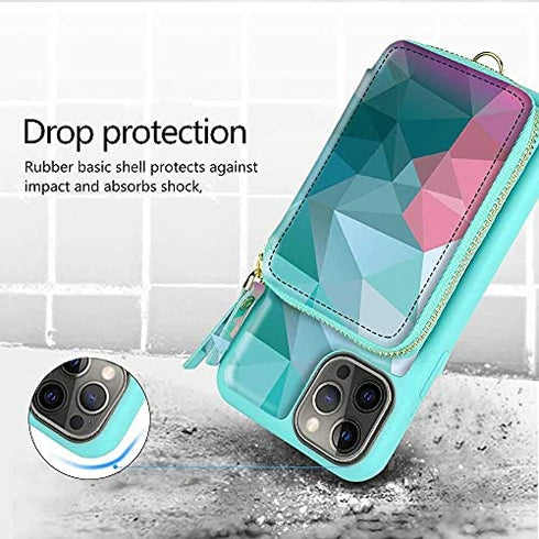 ZVE iPhone Print Wallet Case with Zipper for iPhone 12 Pro & iPhone 12 (6.1 inch), Purse Phone Case with Card Holder for Women, Crossbody Chain Wrist Strap-Diamond