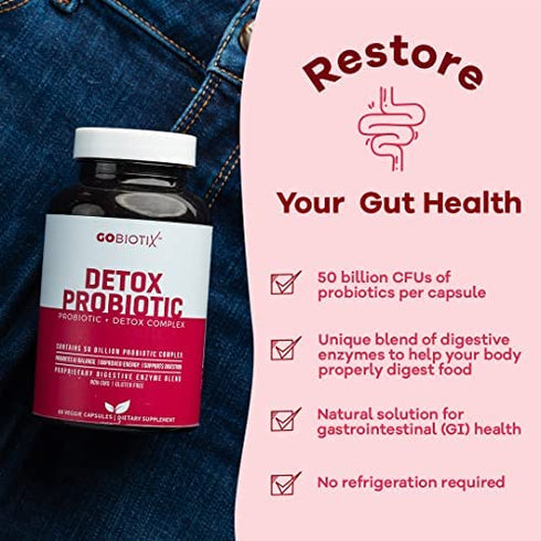 GOBIOTIX Detox Probiotic Supplement Ultimate Flora Probiotic for Women & Men | 50 Billion CFU of Probiotics + Prebiotics + Digestive Enzymes for Gut & Liver Health | Shelf Stable, 60 Caps