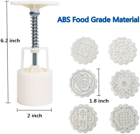 Moon Cake Mold 6 PCS, Mid Autumn Festival DIY Hand Press Cookie Stamps Pastry Tool Moon Cake Maker, Flower Mode Patterns 1 Mold 6 Stamps 50g (White).