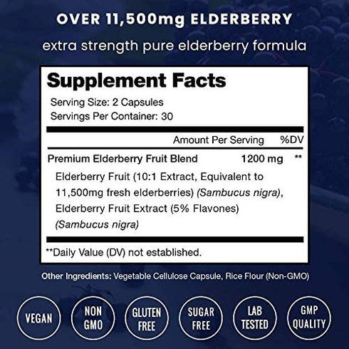 Elderberry Capsules 11,550mg - Premium Supplement for Powerful Immune System Support - Black Elder Berry Extract Nigra Antioxidant Vitamin - 60 Vegan Pills