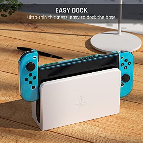 GLDRAM Case for Nintendo Switch OLED Model 2021 with Screen Protector and 10 Pcs Thumb Caps, Clear Protective Hard Cover for Switch OLED Console & JoyCon - Ultra-Slim & Dockable Skin (Blue)
