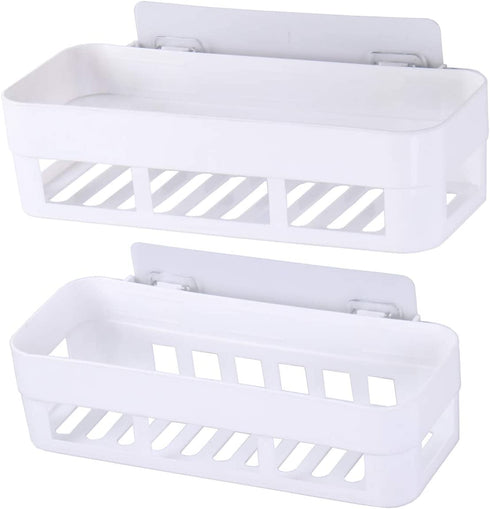 Laigoo 2 Pack Adhesive Bathroom Shelves Organizer Shower Caddy, Strong Plastic No Drilling Wall Shower Shelves Floating Shelf Vanity Organizer Basket(White)