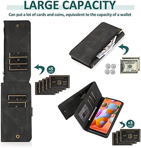 Compatible with Samsung Galaxy A11 Wallet Case and Tempered Glass Screen Protector Zipper Leather Flip Cover Card Holder Stand Cell Accessories Phone Cases for Glaxay A 11 Gaxaly 11A Women Men Black