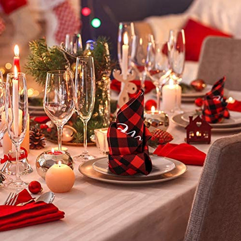 Whaline Christmas Cloth Napkins Red Black Buffalo Plaid Placemat 6 Pack Merry Christmas Dinner Table Napkins Reusable Washable Table Decoration for Home Kitchen Xmas Party, 3 Design, 18 x 18 Inch