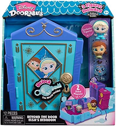Disney Doorables Beyond the Door Elsa’s Bedroom Playset, Includes 3 Exclusive Disney Frozen Figures, 7 Accessories, and 1 Key, Officially Licensed Kids Toys for Ages 5 Up, Gifts and Presents