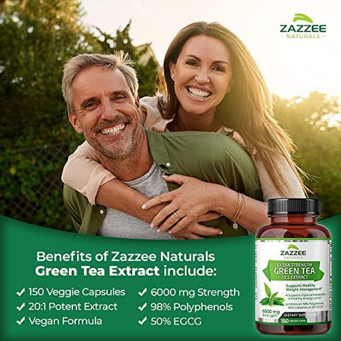 Zazzee Extra Strength Green Tea 20:1 Extract, 6000 mg Strength, 150 Vegan Capsules, 50% EGCG, 98% Polyphenols and 80% Catcehins, Potent 20x Extract, Up to 5 Month Supply, Vegan, All-Natural