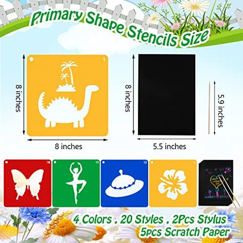 Jecarden 20 PCS Stencils for Kids, Sidewalk Chalk Stencils 8 x 8 Inch Colorful Large Stencils with 5 PCS Scratch Paper Washable Craft Fun Chalk Stencils Gift Idea for Boys and Girls to Learn Painting
