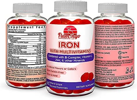Iron Gummies Plus Multivitamin- Vitamin C, Zinc, B Complex, and Biotin for Fatigue, Anemia, Pregnancy. Good for Vegans and Vegetarians, Women, Kids, and Men. Grape Flavor. 60 Count
