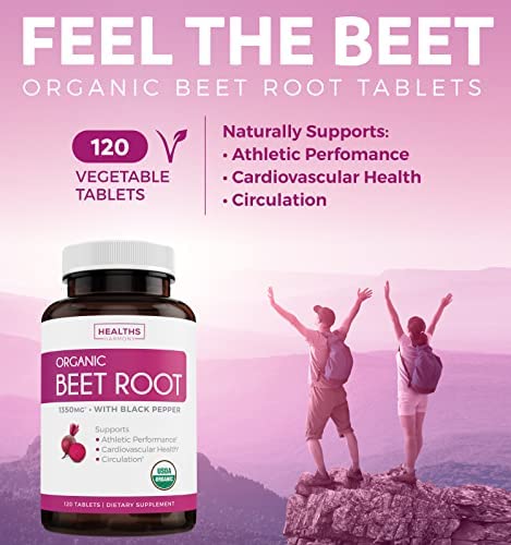 USDA Organic Beet Root Powder (120 Tablets) 1350mg Beets Per Serving with Black Pepper for Extra Absorption - Nitrate Supplement for Circulation, Heart Health, Super Athletic Performance - No Capsules