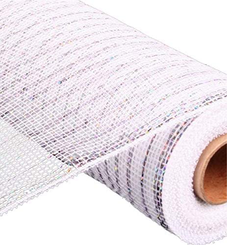 10 inch x 30 feet Deco Poly Mesh Ribbon - White with Silver Foil : RE130127