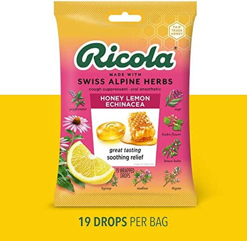 Ricola Honey Lemon w/Echinacea Herbal Cough Suppressant Throat Drops, 19ct Bag (Pack of 4)