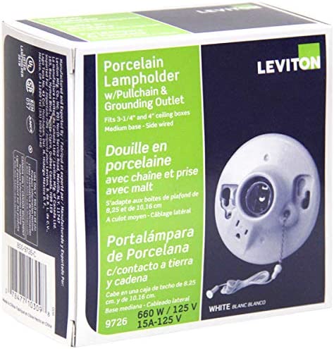Leviton 9726-C One-Piece Glazed Porcelain Outlet Box Mount, Incandescent Lampholder, Pull Chain, Top Wired, White