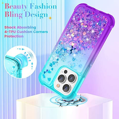 Ruky Case Compatible with iPhone 13 Pro Max, Full Body Glitter Liquid Cover with Built-in Screen Protector Soft TPU Shockproof Protective Girls Women Phone Case for iPhone 13 Pro Max, Teal Purple