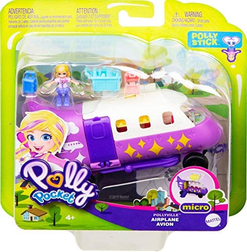 Polly Pocket Pollyville Airplane with Micro Polly Doll, Seating for 3 Passengers, Luggage Compartment, Restroom Door, Exit Ramp, Food Cart, Luggage & Vanity Case; for Ages 4 Years Old & Up